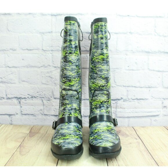 LL Bean Wellies Green Camo Rubber Pull-on Waterproof Tall Rain Boots Size 7 M - Picture 4 of 9
